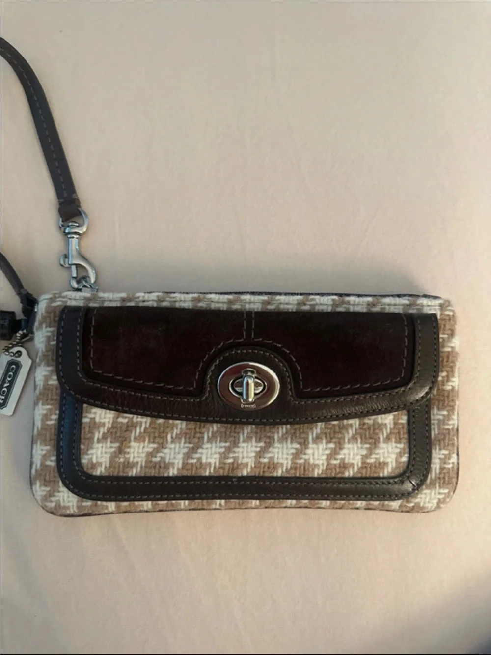SOLD Coach Beige/Tan Wool Houndstooth Wristlet with Dark Brown Suede and Leather